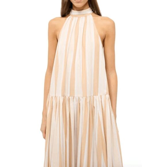 NWT Staud Marlowe Striped Halter Tie Neck Sleeveless Midi Dress Tan White Small - Picture 4 of 10